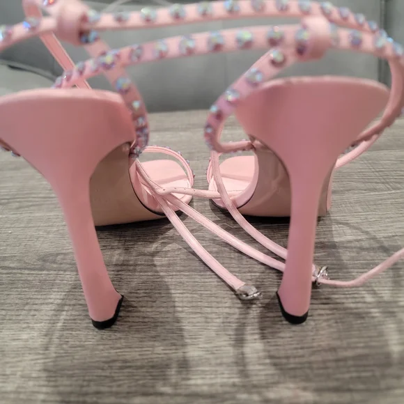 Piferi Satin Vegan Leather Ankle Wrap Stylish Pink Rhinestone Heels Size 37 Or 7 - Picture 9 of 14